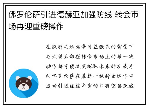佛罗伦萨引进德赫亚加强防线 转会市场再迎重磅操作