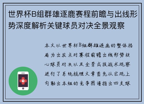 世界杯B组群雄逐鹿赛程前瞻与出线形势深度解析关键球员对决全景观察